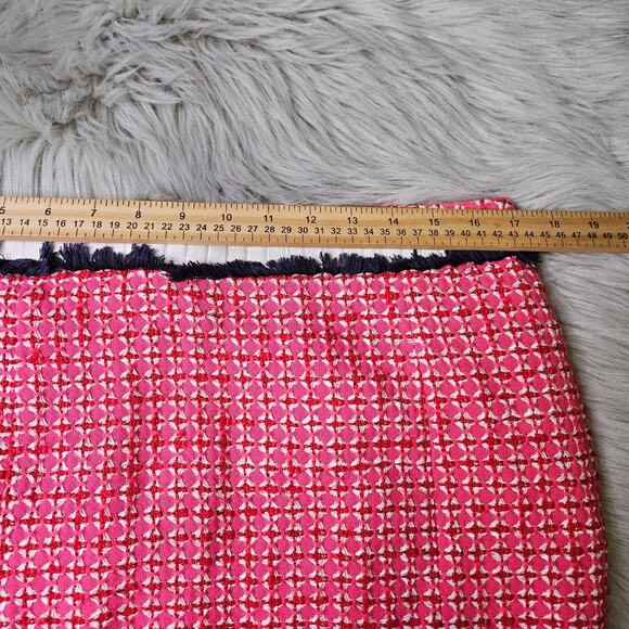 Womens Tory Burch Pink White Tweed Skirt Size 12 Navy Blue Fringe Zip Back - Picture 12 of 13